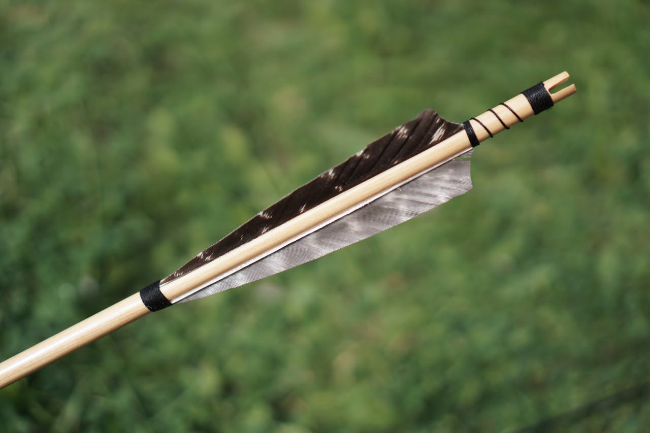 portfolio-06 A detailed view of a traditional arrow with feather fletching against a blurred green background.