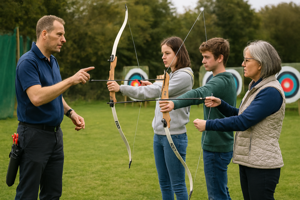 Level 2 Coach Qualification A Level 2 coach running a beginner session independently, coaching a small group on the shooting line, outdoor UK archery range, confident and professional --ar 16:9 --style photo-documentary --v 6