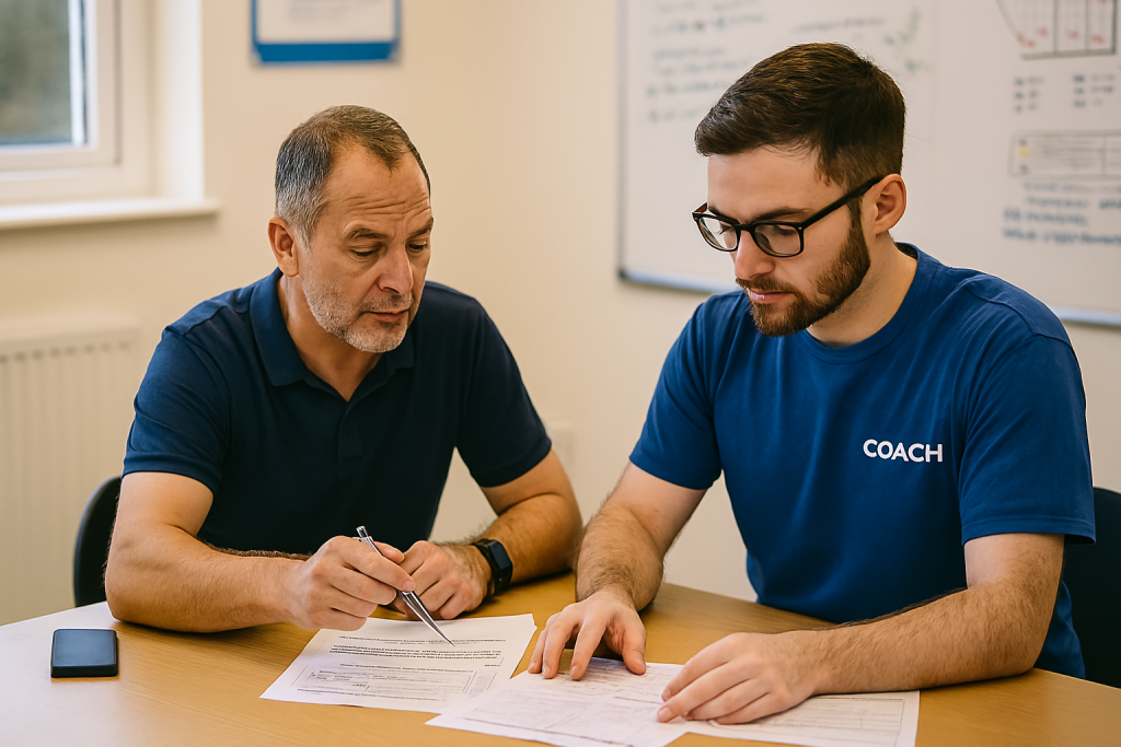 Level 2 Coach Qualification A Level 3 coach mentoring a Level 2 trainee, reviewing session plans and giving feedback, indoor classroom setting, professional coaching development --ar 4:3 --style photo-documentary --v 6