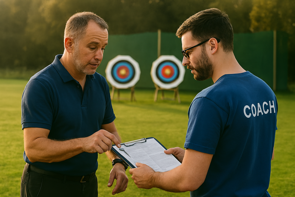 Level 3 Coach Mentor Qualification A Level 3 coach mentoring a Level 2 trainee, reviewing session plans on a clipboard at an archery range, professional coaching development, early morning light, UK setting --ar 16:9 --style photo-documentary --v 6