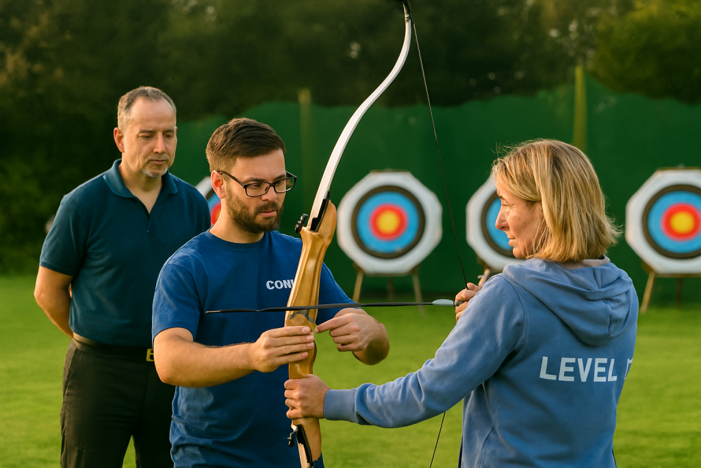 Level 3 Coach Mentor Qualification A Level 3 coach observing a mentoring session between a Level 2 trainee and a Level 1 assistant, three-tier coaching development, outdoor UK range, professional training atmosphere --ar 16:9 --style photo-documentary --v 6