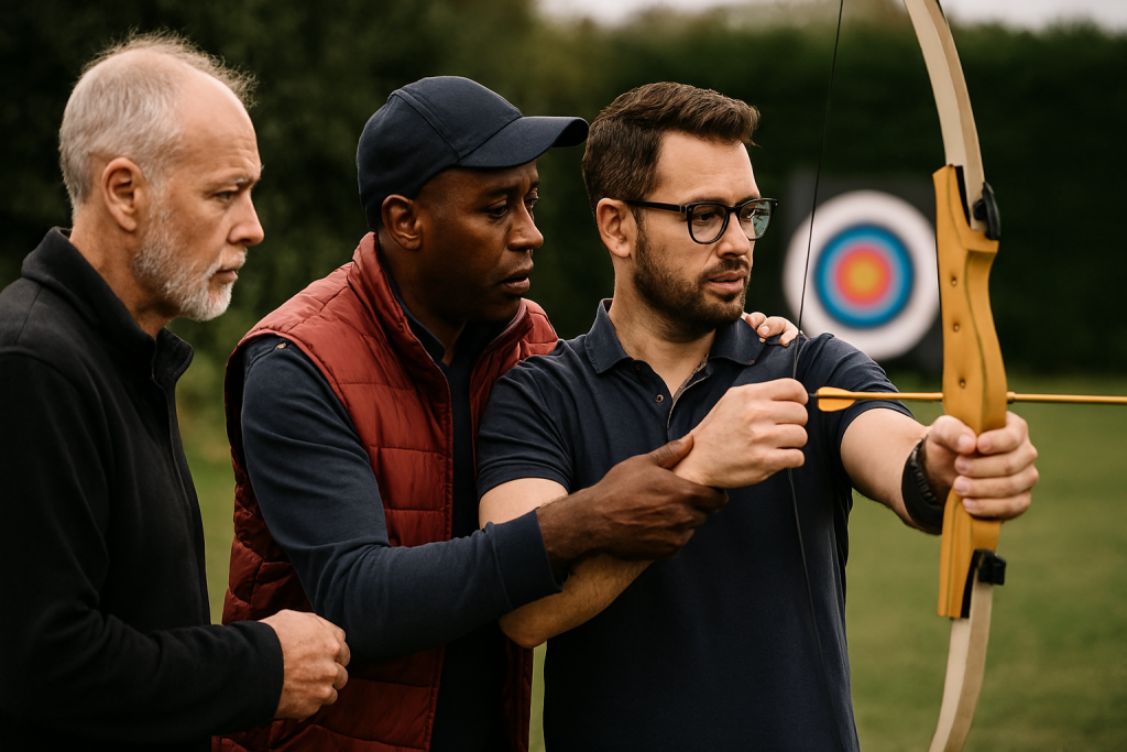 Level 1 Coach Assistant Course A Level 3 coach observing a Level 1 trainee assisting a beginner archer, close supervision, outdoor range, mentoring relationship --ar 16:9 --style photo-journalistic --v 6