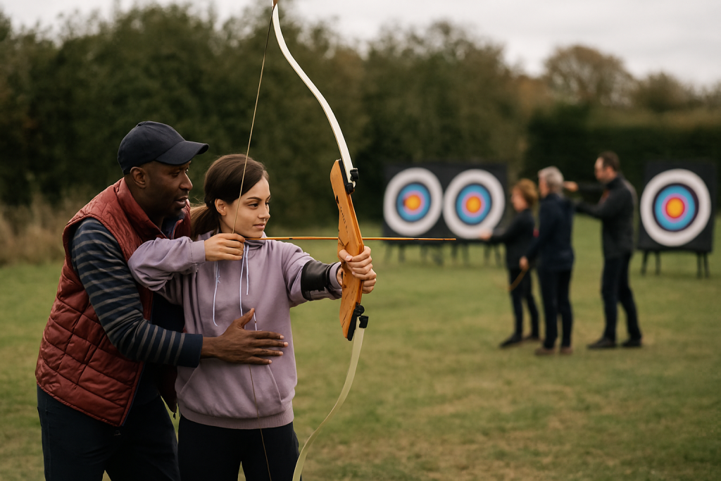 Level 1 Coach Assistant Course An assistant coach helping a beginner with their stance while the lead coach works with another group in the background, outdoor archery range, UK setting, natural light --ar 16:9 --style photo-documentary --v 6